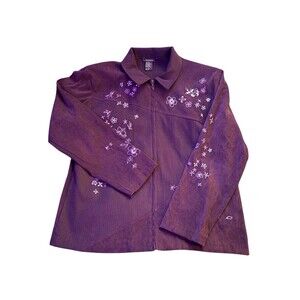 T & Company Purple Faux Suede Zip-Up Jacket Floral Embroidery Y2K Size M